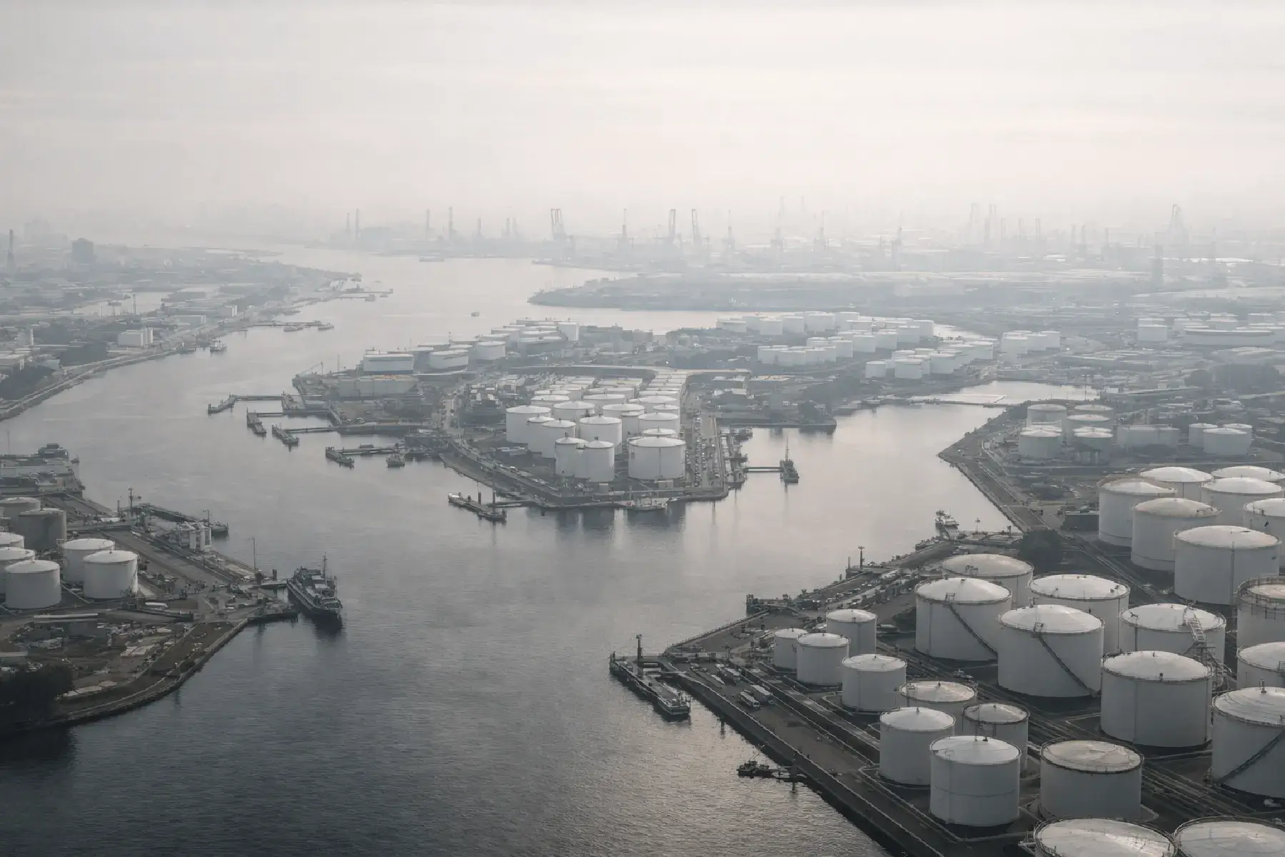 Aerial view of port infrastructure and storage tanks.