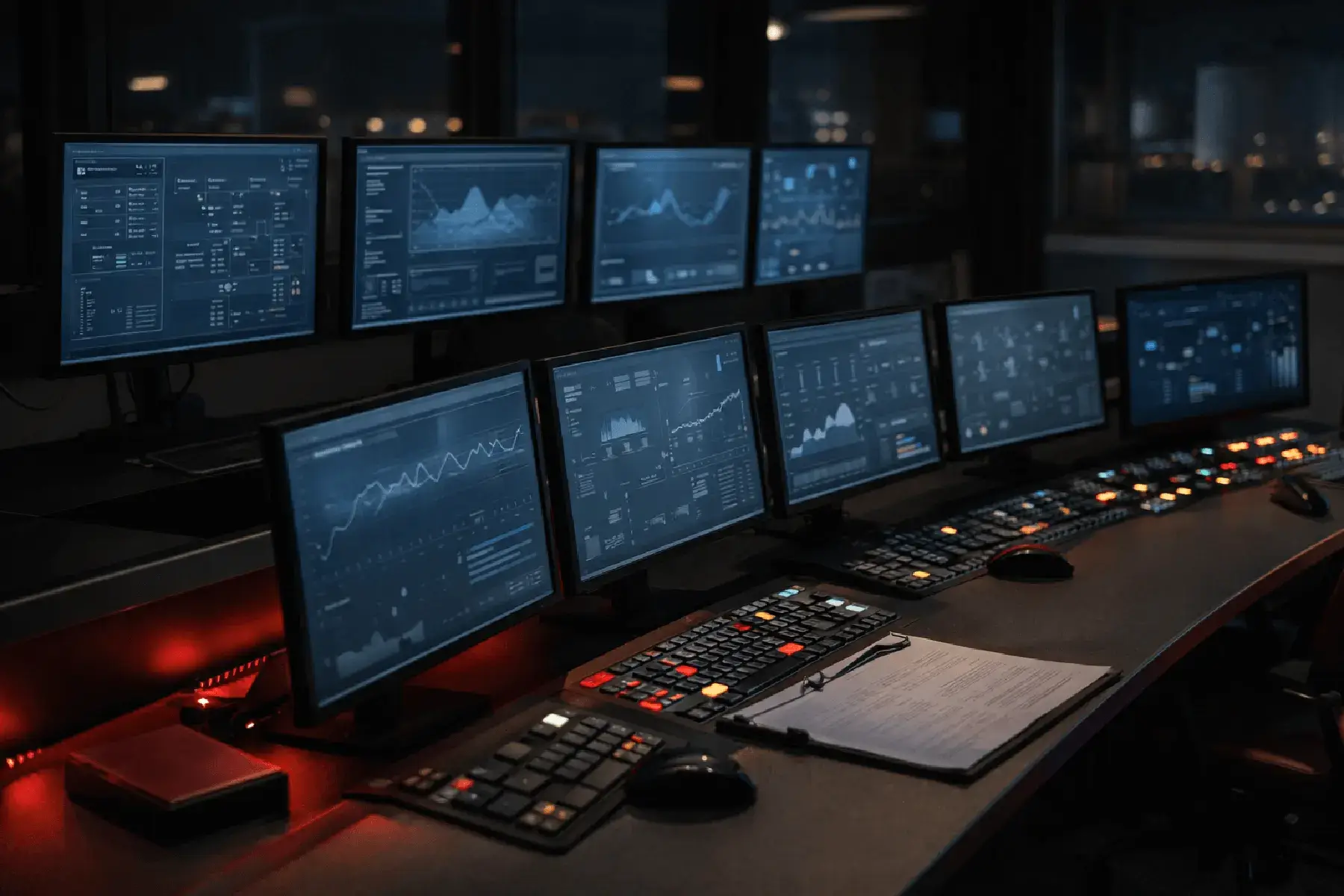 Operations control room screens and panels.