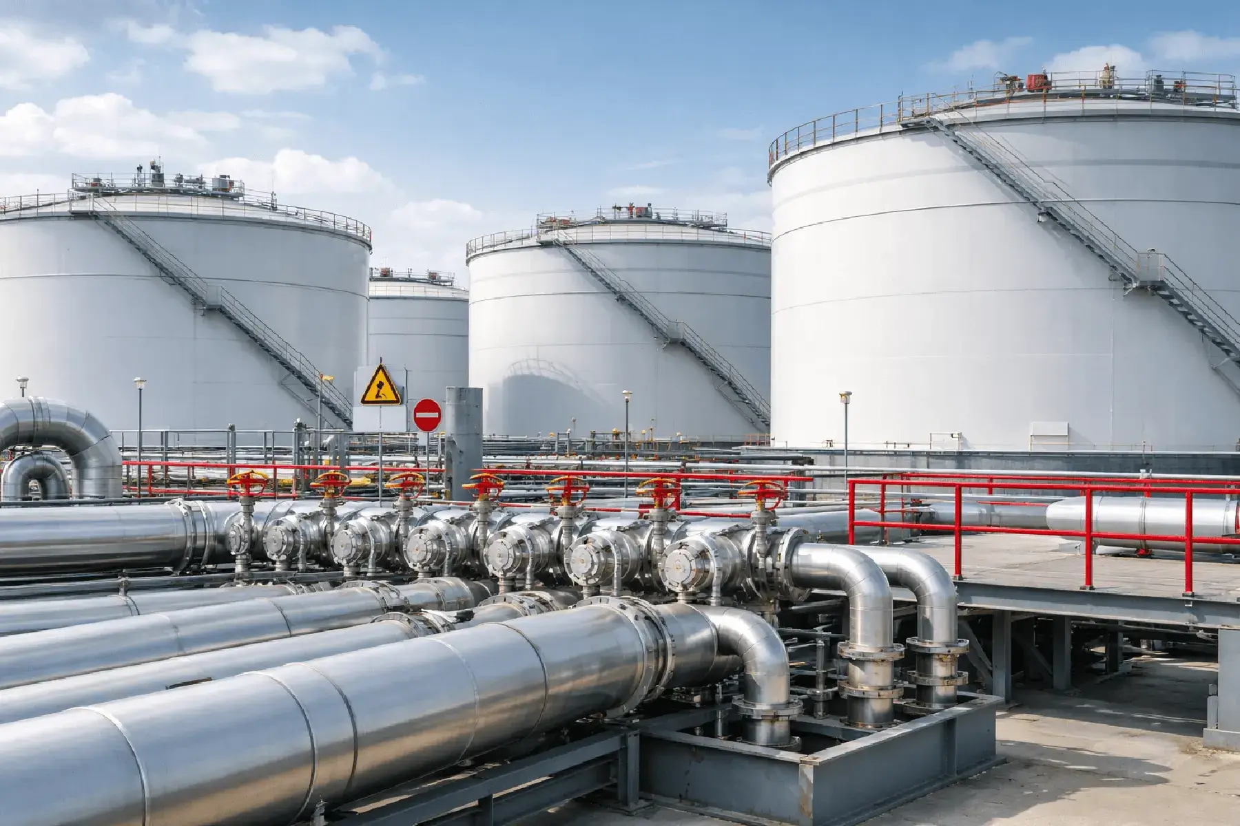 Storage tanks and pipework at an industrial terminal.